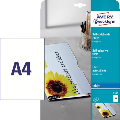 Avery Zweckform No. 2500 víztiszta, átlátszó 210 x 297 mm méretű, tintasugaras nyomtatóval nyomtatható, fényes felületű öntapadós fólia, permanens ragasztóval - kiszerelés: 10 ív / csomag