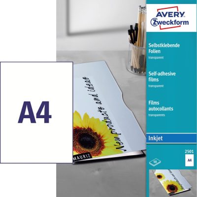 Avery Zweckform No. 2501 víztiszta, átlátszó 210 x 297 mm méretű, tintasugaras nyomtatóval nyomtatható, fényes felületű öntapadós fólia, permanens ragasztóval - kiszerelés: 50 ív / doboz