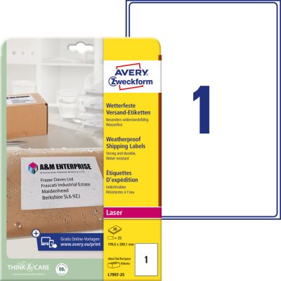 Avery Zweckform No. L7997-25 fehér 199,6 x 289,1 mm méretű, lézernyomtatóval nyomtatható, időjárásálló öntapadós etikett címke, permanens ragasztóval A4-es íven - kiszerelés: 25 címke / 25 ív