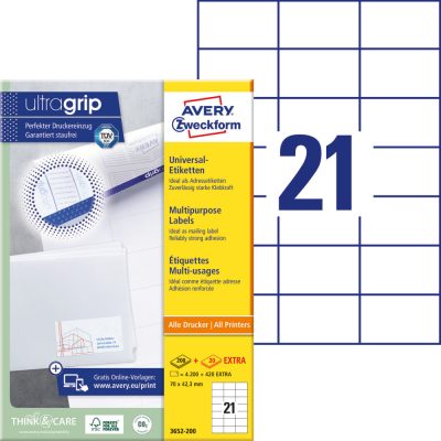 Avery Zweckform No. 3652-200 fehér színű 70 x 42,3 mm méretű, univerzálisan nyomtatható, öntapadós etikett címke, permanens ragasztóval A4-es íven - kiszerelés: 4620 címke / 220 ív