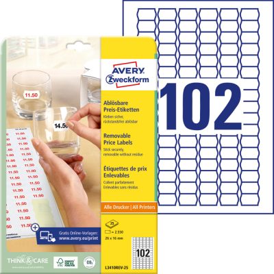Avery Zweckform No. L3410REV-25 univerzális 26 x 16 mm méretű visszaszedhető, fehér öntapadó árazó címke A4-es íven - 2550 címke / csomag - 25 ív / csomag (Avery L3410REV-25)