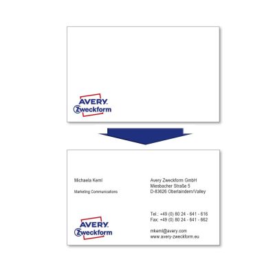 Avery Zweckform No. C32016-500 lézeres 85 x 54 mm méretű, 220 g-os félfényes, kétoldalas fehér nyomtatható névjegykártya, sima élekkel A4-es íven - 5000 névjegykártya / doboz (Avery C32016-500)