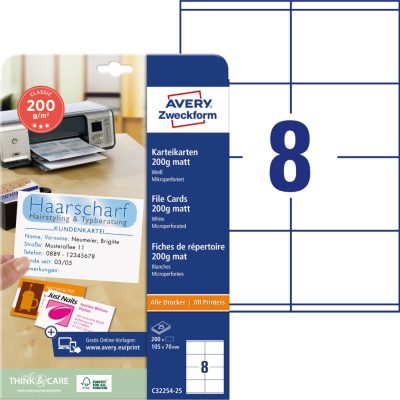 Avery Zweckform No. C32254-25 univerzális 105 x 70 mm méretű, 200 g-os matt, kétoldalas fehér nyomtatható nyilvántartó kártya, mikroperforált élekkel A4-es íven - 200 kártya / csomag (Avery C32254-25)