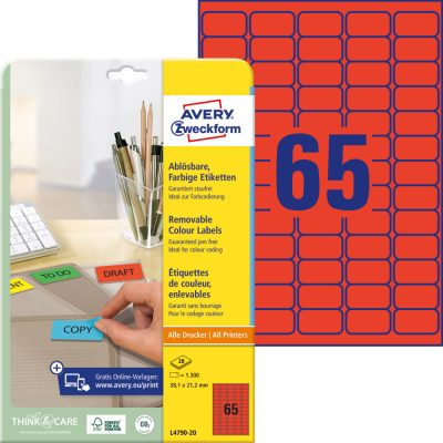 Avery Zweckform No. L4790-20 piros színű 38,1 x 21,2 mm méretű, univerzálisan nyomtatható, öntapadós etikett címke, visszaszedhető ragasztóval A4-es íven - kiszerelés: 1300 címke / 20 ív