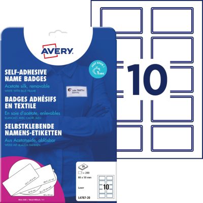 Avery Zweckform No. L4787-20 fehér színű 80 x 50 mm méretű, lézernyomtatóval nyomtatható, öntapadós névcímke kék kerettel, visszaszedhető ragasztóval, A4-es íven - kiszerelés: 200 címke / 20 ív