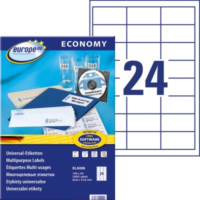 Avery Zweckform europe100 No. ELA008 fehér színű 64,6 x 33,8 mm méretű, univerzálisan nyomtatható, öntapadós etikett címke, permanens ragasztóval A4-es íven - kiszerelés: 2400 címke / 100 ív
