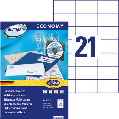 Avery Zweckform europe100 No. ELA013 fehér színű 70 x 42,3 mm méretű, univerzálisan nyomtatható, öntapadós etikett címke, permanens ragasztóval A4-es íven - kiszerelés: 2100 címke / 100 ív