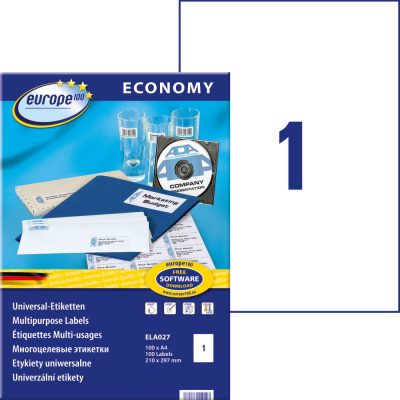 Avery Zweckform europe100 No. ELA027 fehér színű 210 x 297 mm méretű, univerzálisan nyomtatható, öntapadós etikett címke, permanens ragasztóval A4-es íven - kiszerelés: 100 címke / 100 ív