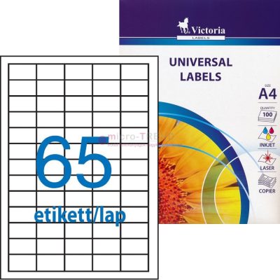 Victoria LCV11364 fehér színű 38,1 x 21,2 mm méretű, 5 pályás, univerzálisan nyomtatható, öntapadós etikett címke, permanens ragasztóval A4-es íven - kiszerelés: 6500 címke / 100 ív