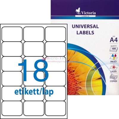 Victoria LCV11385 fehér színű 63,5 x 46,6 mm méretű, 3 pályás, univerzálisan nyomtatható, öntapadós etikett címke, permanens ragasztóval A4-es íven - kiszerelés: 1800 címke / 100 ív