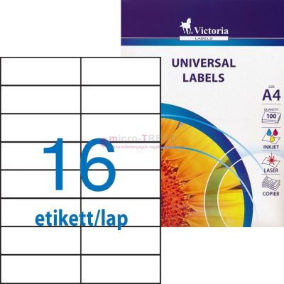 Victoria LCV11371 fehér színű 105 x 37 mm méretű, 2 pályás, univerzálisan nyomtatható, öntapadós etikett címke, permanens ragasztóval A4-es íven - kiszerelés: 1600 címke / 100 ív