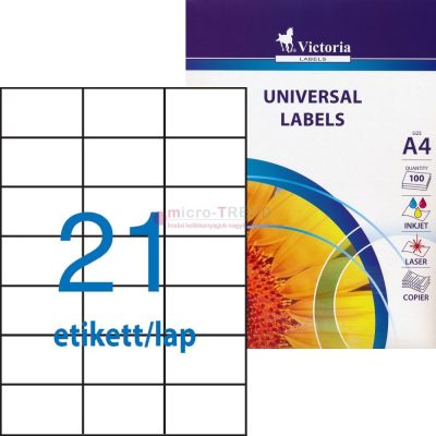Victoria LCV11370 fehér színű 70 x 42,4 mm méretű, 3 pályás, univerzálisan nyomtatható, öntapadós etikett címke, permanens ragasztóval A4-es íven - kiszerelés: 2100 címke / 100 ív