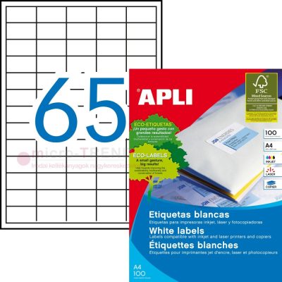 APLI No. 01283 fehér színű 38 x 21,2 mm méretű, univerzálisan nyomtatható, öntapadós etikett címke, permanens ragasztóval A4-es íven - kiszerelés: 6500 címke / 100 ív (LCA3127, LCA1283)