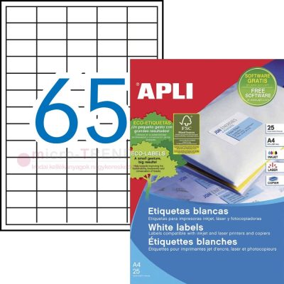 APLI No. 01209 fehér színű 38 x 21,2 mm méretű, univerzálisan nyomtatható, öntapadós etikett címke, permanens ragasztóval A4-es íven - kiszerelés: 1625 címke / 25 ív (LCA1209)
