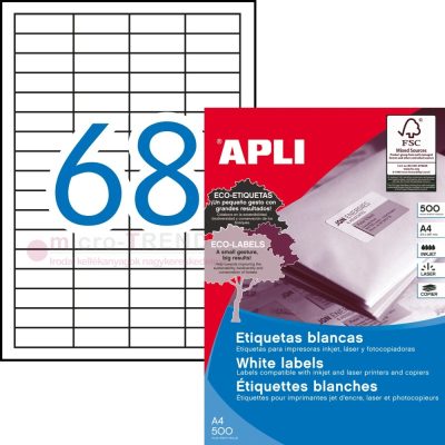 APLI No. 10557 fehér színű 48,5 x 16,9 mm méretű, univerzálisan nyomtatható, öntapadós etikett címke, permanens ragasztóval A4-es íven - kiszerelés: 34000 címke / 500 ív (LCA10557)
