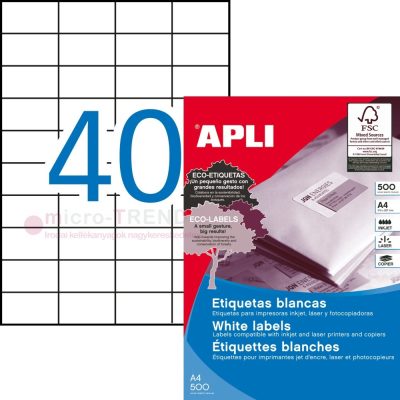 APLI No. 01778 fehér színű 52,5 x 29,7 mm méretű, univerzálisan nyomtatható, öntapadós etikett címke, permanens ragasztóval A4-es íven - kiszerelés: 20000 címke / 500 ív (LCA1778)