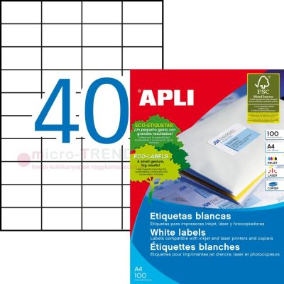APLI No. 01286 fehér színű 52,5 x 29,7 mm méretű, univerzálisan nyomtatható, öntapadós etikett címke, permanens ragasztóval A4-es íven - kiszerelés: 4000 címke / 100 ív (LCA3130, LCA1286)