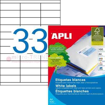 APLI No. 01270 fehér színű 70 x 25,4 mm méretű, univerzálisan nyomtatható, öntapadós etikett címke, permanens ragasztóval A4-es íven - kiszerelés: 3300 címke / 100 ív (LCA3132, LCA1270)