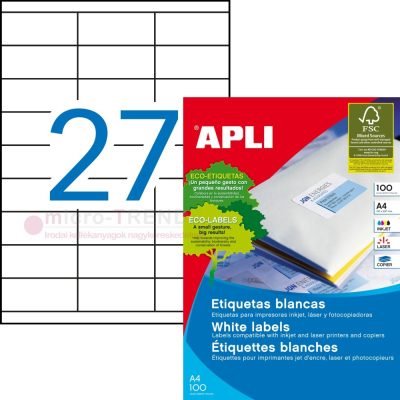 APLI No. 01271 fehér színű 70 x 30 mm méretű, univerzálisan nyomtatható, öntapadós etikett címke, permanens ragasztóval A4-es íven - kiszerelés: 2700 címke / 100 ív (LCA3133, LCA1271)