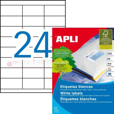 APLI No. 01272 fehér színű 70 x 35 mm méretű, univerzálisan nyomtatható, öntapadós etikett címke, permanens ragasztóval A4-es íven - kiszerelés: 2400 címke / 100 ív (LCA3134, LCA1272)