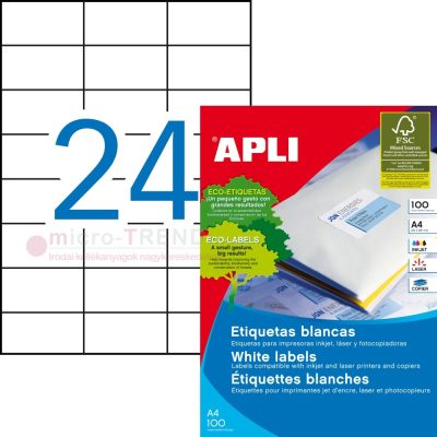 APLI No. 01273 fehér színű 70 x 37 mm méretű, univerzálisan nyomtatható, öntapadós etikett címke, permanens ragasztóval A4-es íven - kiszerelés: 2400 címke / 100 ív (LCA3135, LCA1273)