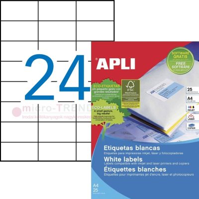 APLI No. 01212 fehér színű 70 x 37 mm méretű, univerzálisan nyomtatható, öntapadós etikett címke, permanens ragasztóval A4-es íven - kiszerelés: 600 címke / 25 ív (LCA10818, LCA1212)