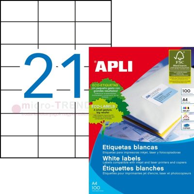 APLI No. 01276 fehér színű 70 x 42,4 mm méretű, univerzálisan nyomtatható, öntapadós etikett címke, permanens ragasztóval A4-es íven - kiszerelés: 2100 címke / 100 ív (LCA3136, LCA1276)