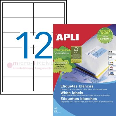 APLI No. 01213 fehér színű 97 x 42,4 mm méretű, univerzálisan nyomtatható, öntapadós etikett címke, permanens ragasztóval A4-es íven - kiszerelés: 300 címke / 25 ív (LCA1213)