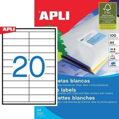 APLI No. 01299 fehér színű 105 x 29 mm méretű, univerzálisan nyomtatható, öntapadós etikett címke, permanens ragasztóval A4-es íven - kiszerelés: 2000 címke / 100 ív (LCA1299)