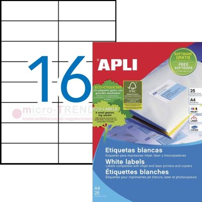 APLI No. 01214 fehér színű 105 x 37 mm méretű, univerzálisan nyomtatható, öntapadós etikett címke, permanens ragasztóval A4-es íven - kiszerelés: 400 címke / 25 ív (LCA1214)