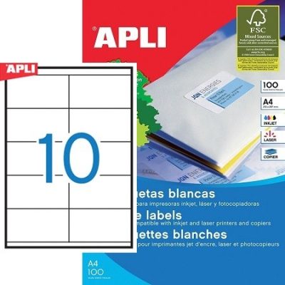 APLI No. 01278 fehér színű 105 x 57 mm méretű, univerzálisan nyomtatható, öntapadós etikett címke, permanens ragasztóval A4-es íven - kiszerelés: 1000 címke / 100 ív (LCA1278)