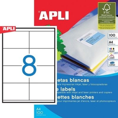 APLI No. 01292 fehér színű 105 x 70 mm méretű, univerzálisan nyomtatható, öntapadós etikett címke, permanens ragasztóval A4-es íven - kiszerelés: 800 címke / 100 ív (LCA1292)