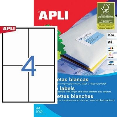 APLI No. 01280 fehér színű 105 x 148 mm méretű, univerzálisan nyomtatható, öntapadós etikett címke, permanens ragasztóval A4-es íven - kiszerelés: 400 címke / 100 ív (LCA1280)