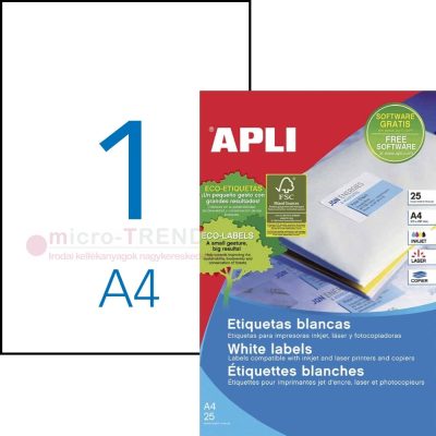 APLI No. 01215 fehér színű 210 x 297 mm méretű, univerzálisan nyomtatható, öntapadós etikett címke, permanens ragasztóval A4-es íven - kiszerelés: 25 címke / 25 ív (LCA10819, 01215)