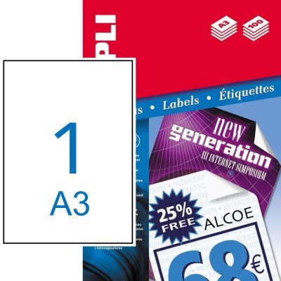 APLI No. 11352 fehér színű 297 x 420 mm méretű, univerzálisan nyomtatható, öntapadós etikett címke, permanens ragasztóval A3-as íven - kiszerelés: 100 címke / 100 ív (LCA11352)