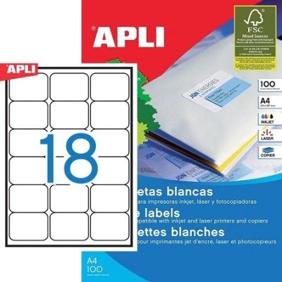 APLI No. 02415 fehér színű 63,5 x 46,6 mm méretű, univerzálisan nyomtatható, öntapadós etikett címke, permanens ragasztóval A4-es íven - kiszerelés: 1800 címke / 100 ív (LCA2415)