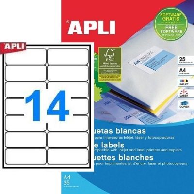 APLI No. 01998 fehér színű 99,1 x 38,1 mm méretű, univerzálisan nyomtatható, öntapadós etikett címke, permanens ragasztóval A4-es íven - kiszerelés: 350 címke / 25 ív (LCA1998)