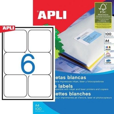 APLI No. 02421 fehér színű 99,1 x 93,1 mm méretű, univerzálisan nyomtatható, öntapadós etikett címke, permanens ragasztóval A4-es íven - kiszerelés: 600 címke / 100 ív (LCA2421)