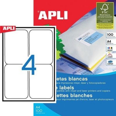 APLI No. 02422 fehér színű 99,1 x 139 mm méretű, univerzálisan nyomtatható, öntapadós etikett címke, permanens ragasztóval A4-es íven - kiszerelés: 400 címke / 100 ív (LCA2422)
