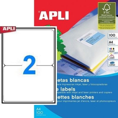 APLI No. 02423 fehér színű 199,6 x 144,5 mm méretű, univerzálisan nyomtatható, öntapadós etikett címke, permanens ragasztóval A4-es íven - kiszerelés: 200 címke / 100 ív (LCA2423)