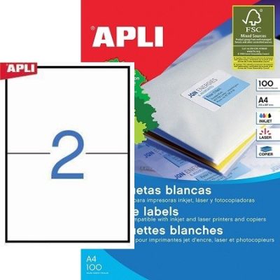 APLI No. 01264 fehér színű 210 x 148 mm méretű, univerzálisan nyomtatható, öntapadós etikett címke, permanens ragasztóval A4-es íven - kiszerelés: 200 címke / 100 ív (LCA1264)