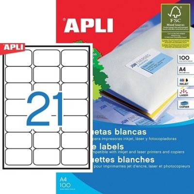 APLI No. 02414 fehér színű 63,5 x 38,1 mm méretű, univerzálisan nyomtatható, öntapadós etikett címke, permanens ragasztóval A4-es íven - kiszerelés: 2100 címke / 100 ív (LCA2414)