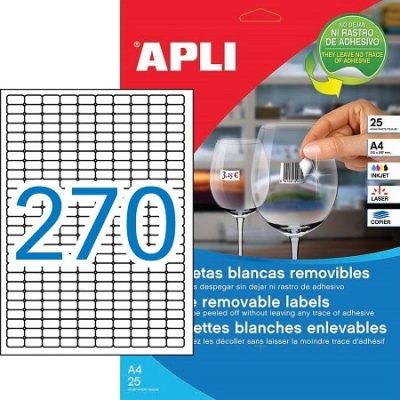 APLI No. 10197 fehér színű 17,8 x 10 mm méretű, univerzálisan nyomtatható, öntapadós etikett címke, visszaszedhető ragasztóval A4-es íven - kiszerelés: 6750 címke / 25 ív (LCA10197)