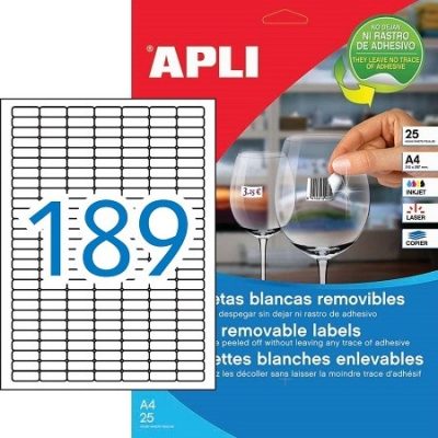 APLI No. 10198 fehér színű 25,4 x 10 mm méretű, univerzálisan nyomtatható, öntapadós etikett címke, visszaszedhető ragasztóval A4-es íven - kiszerelés: 4725 címke / 25 ív (LCA10198)