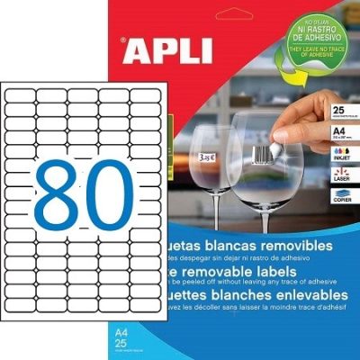 APLI No. 10199 fehér színű 35,6 x 16,9 mm méretű, univerzálisan nyomtatható, öntapadós etikett címke, visszaszedhető ragasztóval A4-es íven - kiszerelés: 2000 címke / 25 ív (LCA10199)