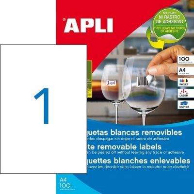 APLI No. 03060 fehér színű 210 x 297 mm méretű, univerzálisan nyomtatható, öntapadós etikett címke, visszaszedhető ragasztóval A4-es íven - kiszerelés: 100 címke / 100 ív (LCA03060)