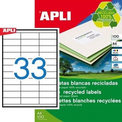 APLI No. 12059 fehér színű 70 x 25,4 mm méretű, univerzálisan nyomtatható, környezetbarát öntapadós etikett címke, permanens ragasztóval A4-es íven - kiszerelés: 3300 címke / 100 ív (LCA12059)