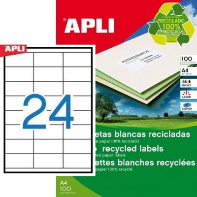 APLI No. 12060 fehér színű 70 x 35 mm méretű, univerzálisan nyomtatható, környezetbarát öntapadós etikett címke, permanens ragasztóval A4-es íven - kiszerelés: 2400 címke / 100 ív (LCA12060)