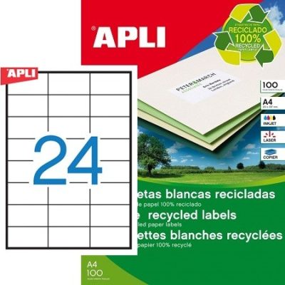 APLI No. 12061 fehér színű 70 x 37 mm méretű, univerzálisan nyomtatható, környezetbarát öntapadós etikett címke, permanens ragasztóval A4-es íven - kiszerelés: 2400 címke / 100 ív (LCA12061)