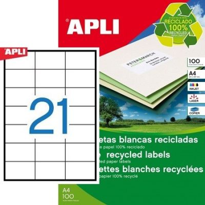 APLI No. 12062 fehér színű 70 x 42,4 mm méretű, univerzálisan nyomtatható, környezetbarát öntapadós etikett címke, permanens ragasztóval A4-es íven - kiszerelés: 2100 címke / 100 ív (LCA12062)